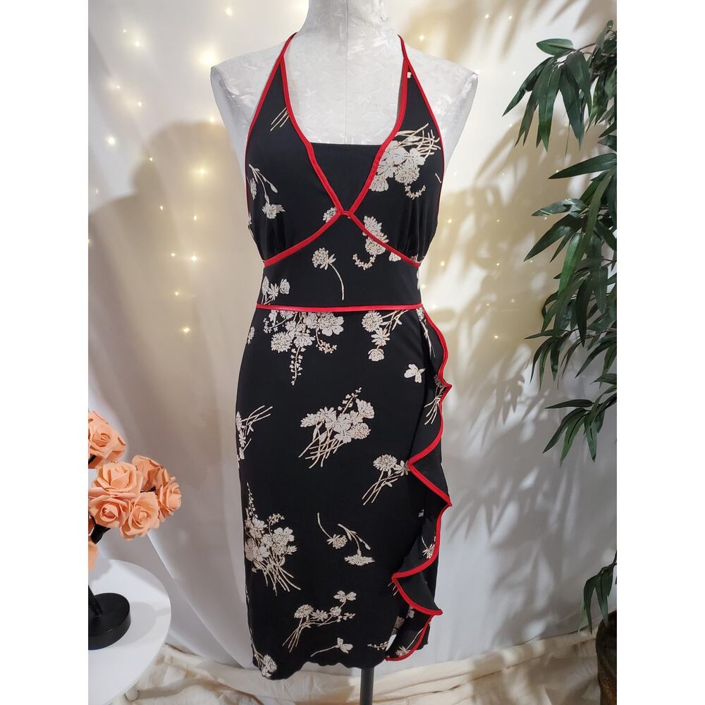 Vtg Y2K Charlotte Russe Asian Floral Ruffle Halter Slip Dress Size M Whimsigoth